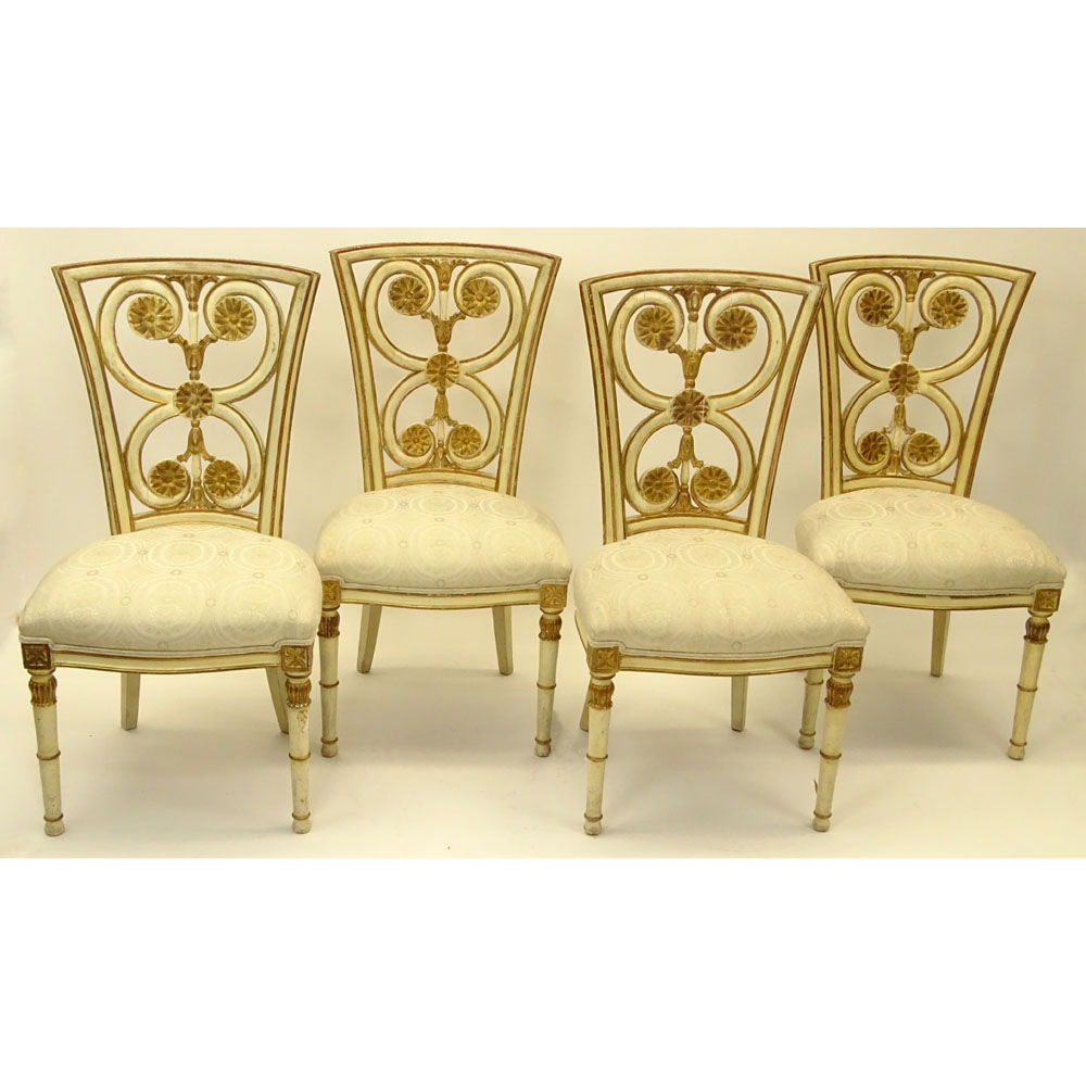 Set of Four (4) Mid 20th Century Italian Neoclassical style Carved Painted and Parcel Gilt Side Chairs.