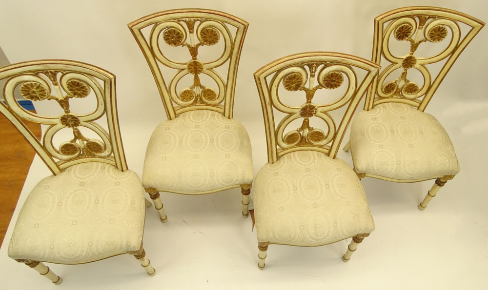Set of Four (4) Mid 20th Century Italian Neoclassical style Carved Painted and Parcel Gilt Side Chairs.