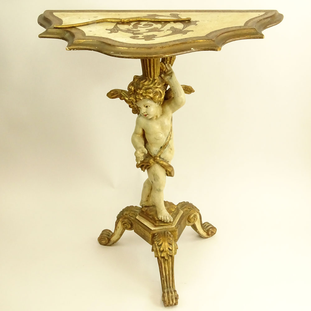 Mid 20th Century Florentine Carved, Painted and Parcel Gilt Pedestal Console with Figural Cherub Base. 