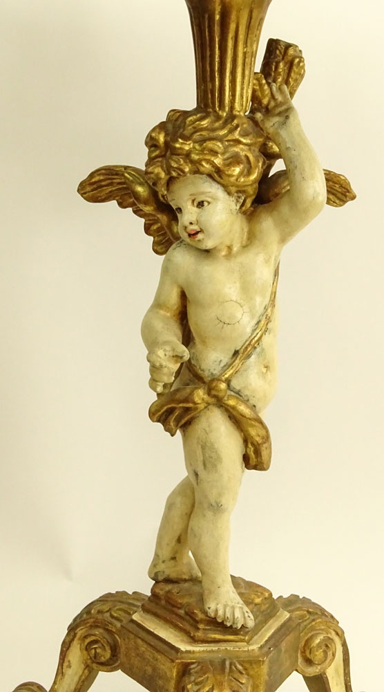 Mid 20th Century Florentine Carved, Painted and Parcel Gilt Pedestal Console with Figural Cherub Base. 