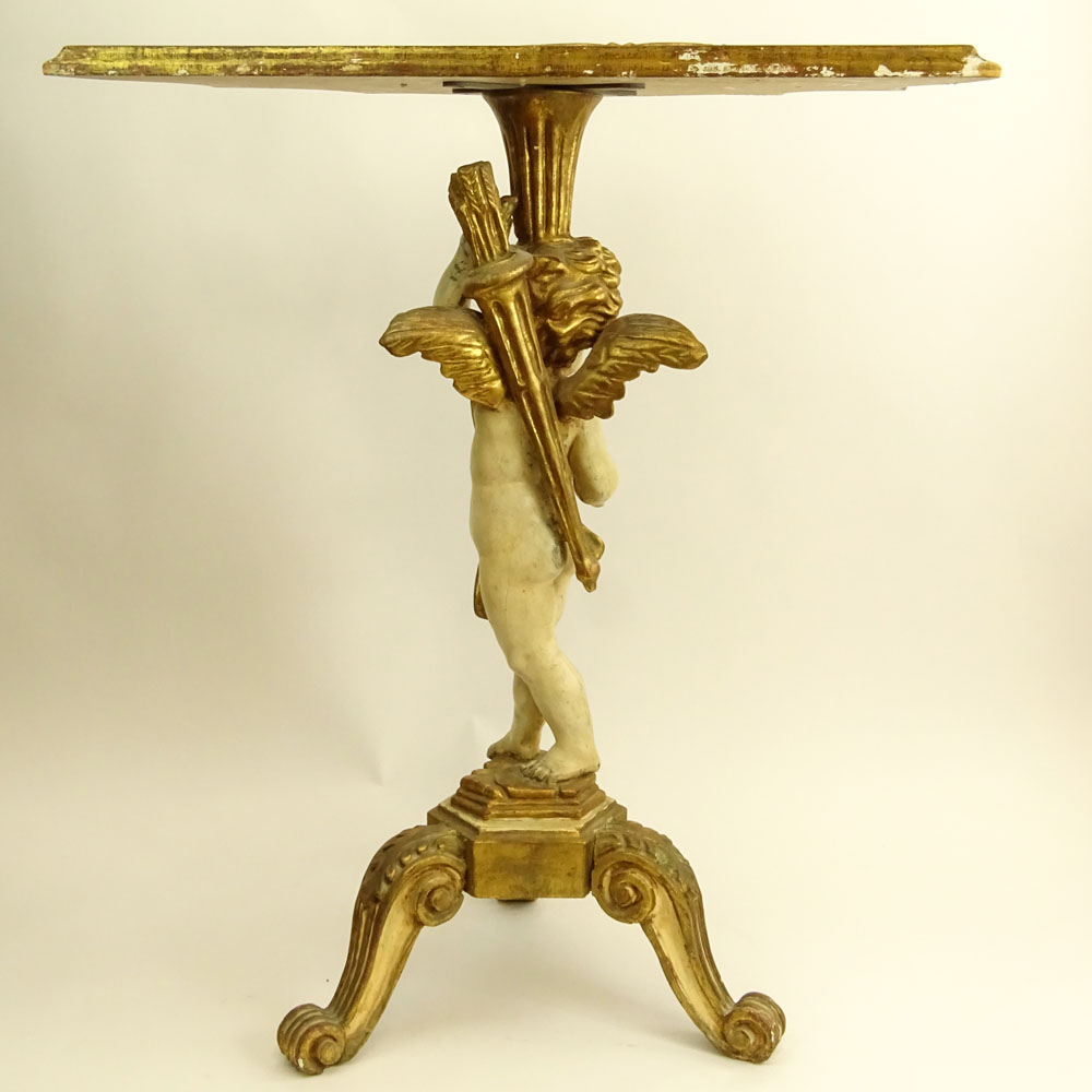 Mid 20th Century Florentine Carved, Painted and Parcel Gilt Pedestal Console with Figural Cherub Base. 