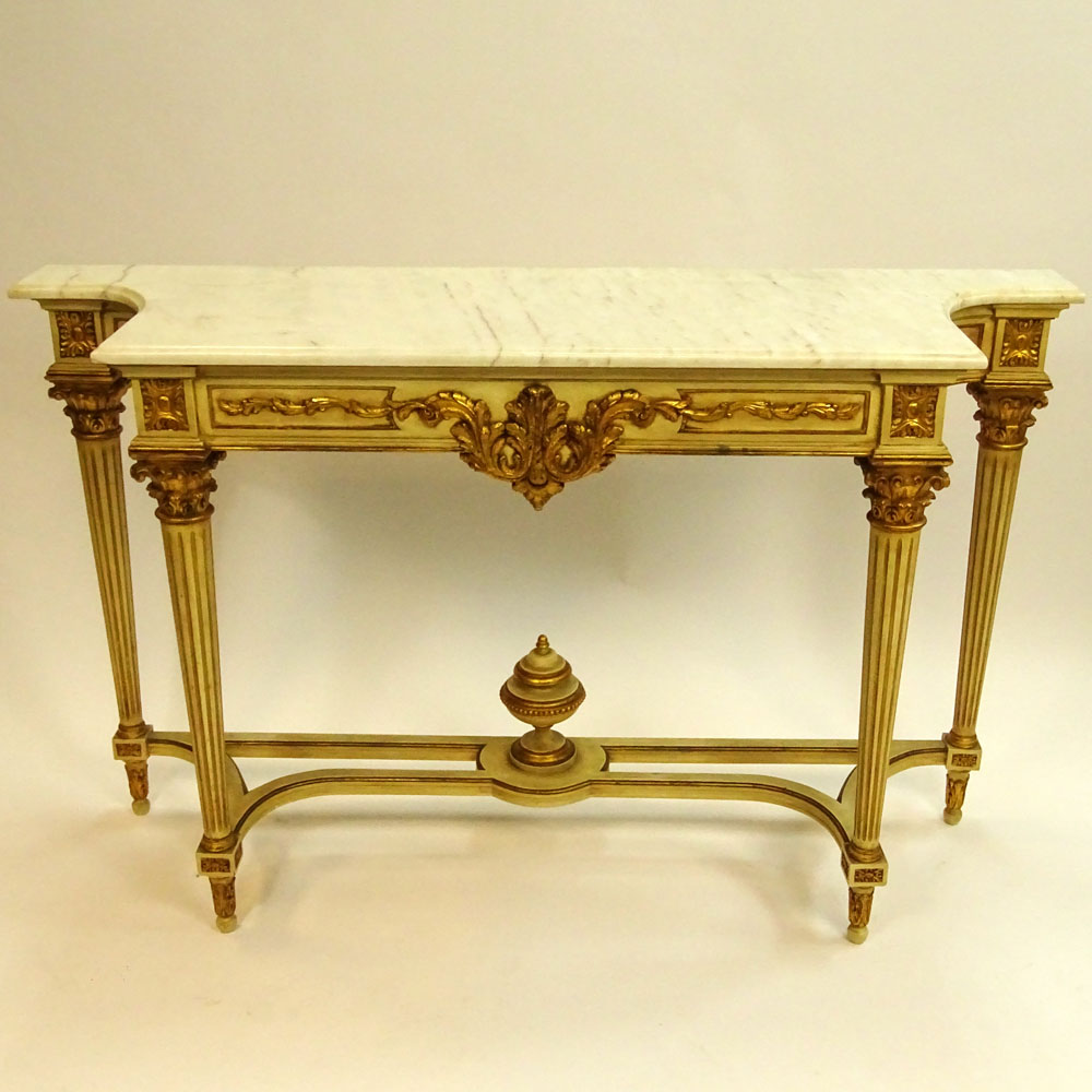 Mid 20th Century Italian Neoclassical style Carved, Painted and Parcel Gilt Console with Marble Top. 