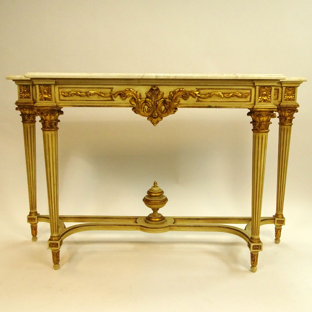 Mid 20th Century Italian Neoclassical style Carved, Painted and Parcel Gilt Console with Marble Top. 