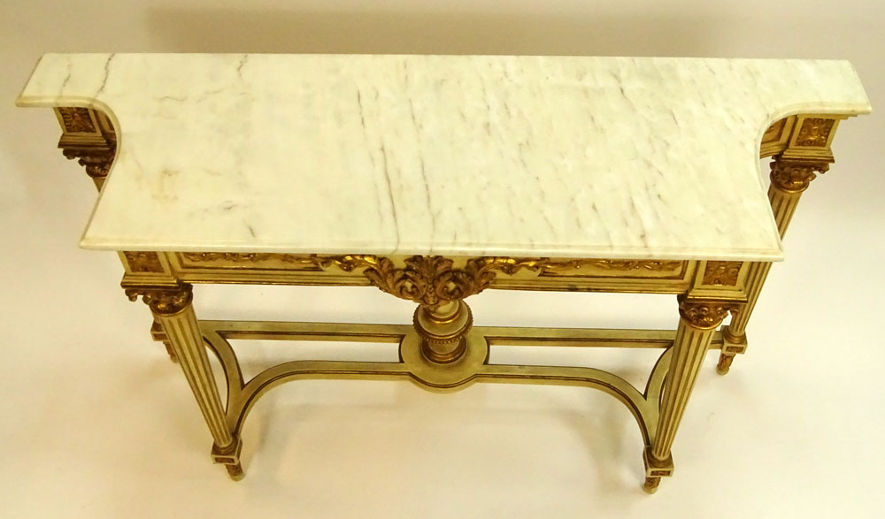 Mid 20th Century Italian Neoclassical style Carved, Painted and Parcel Gilt Console with Marble Top. 