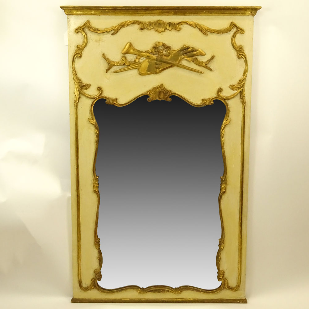 Mid 20th Century Louis XVI style Carved Painted and Parcel Gilt Trumeau Mirror.