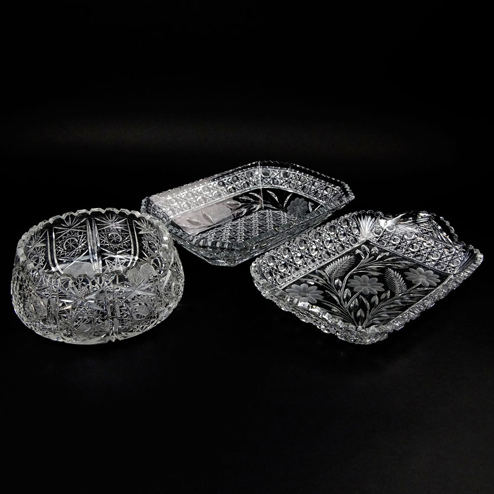 Three (3) Pieces Brilliant Cut Glass Table Top Items. Includes 2 rectangular bowls and one round bowl.