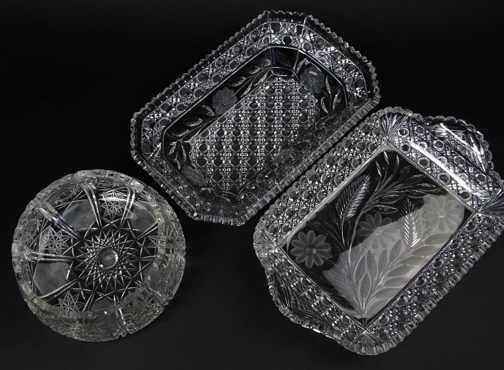 Three (3) Pieces Brilliant Cut Glass Table Top Items. Includes 2 rectangular bowls and one round bowl.