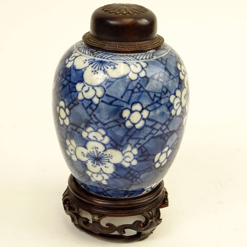 Antique Chinese Blue & White Porcelain Ginger Jar with Hardwood Lid and Stand in Custom Fitted Box.