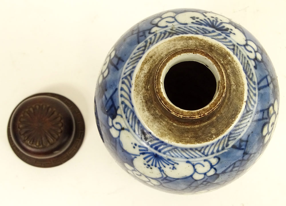 Antique Chinese Blue & White Porcelain Ginger Jar with Hardwood Lid and Stand in Custom Fitted Box.