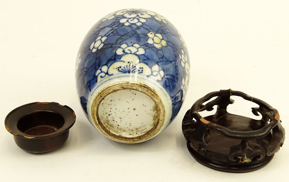 Antique Chinese Blue & White Porcelain Ginger Jar with Hardwood Lid and Stand in Custom Fitted Box.