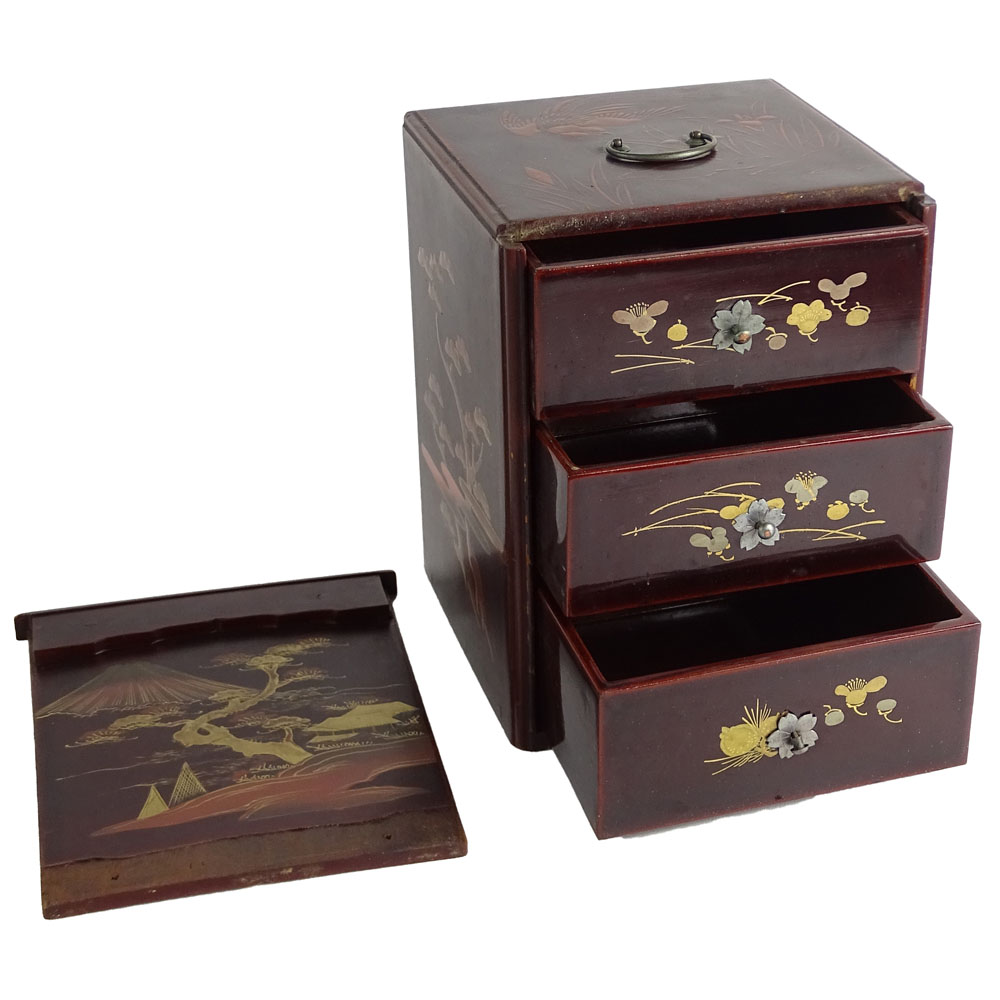 Antique Japanese Inlaid Box. Sliding Door reveals 3 small drawers.