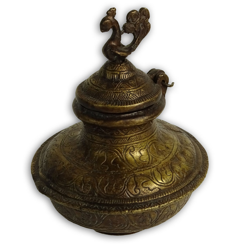 Antique Persian Near East Bronze Bottle with Figural Hinged Top.