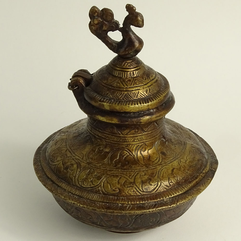 Antique Persian Near East Bronze Bottle with Figural Hinged Top.