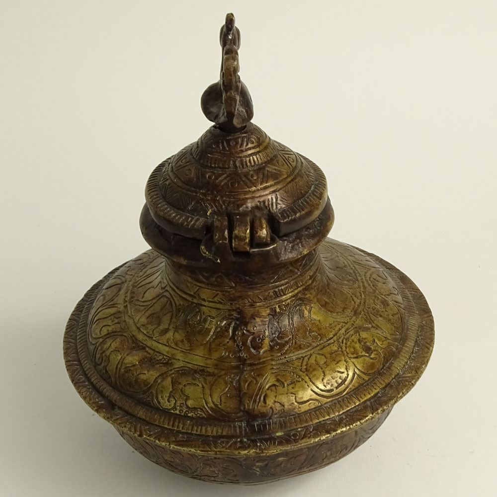 Antique Persian Near East Bronze Bottle with Figural Hinged Top.