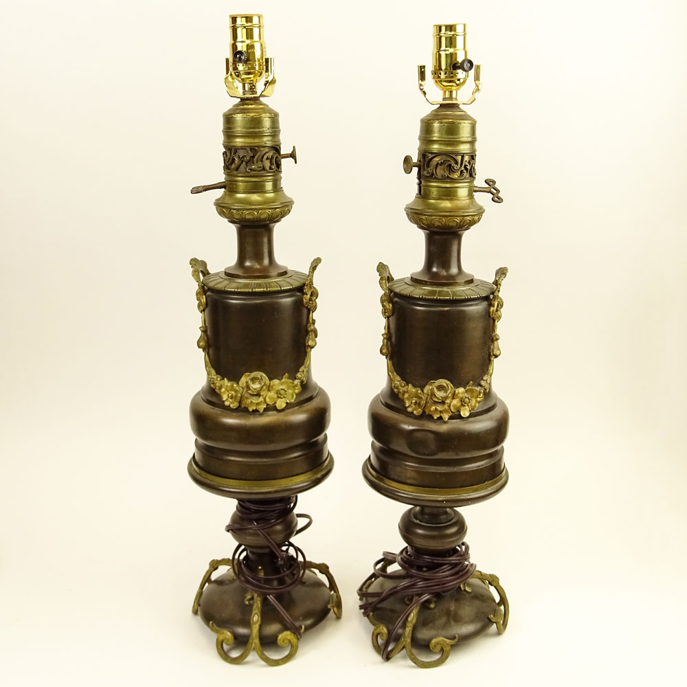 Pair Vintage Tole Style Bronze Mounted Lamps.