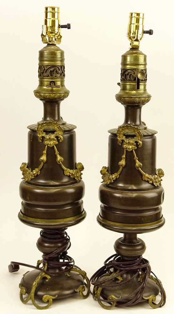 Pair Vintage Tole Style Bronze Mounted Lamps.
