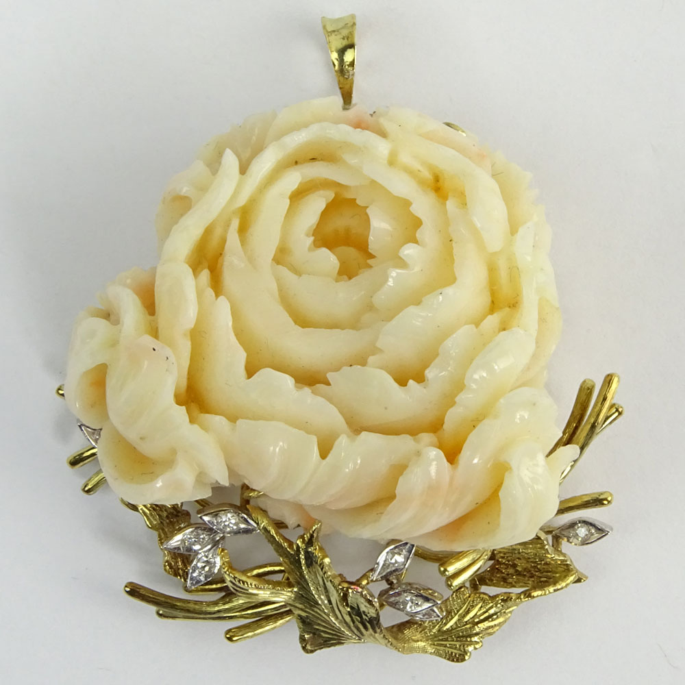 Vintage Italian Carved Angelskin Coral, Diamond and 14 Karat Yellow Gold Pendant/Brooch. 