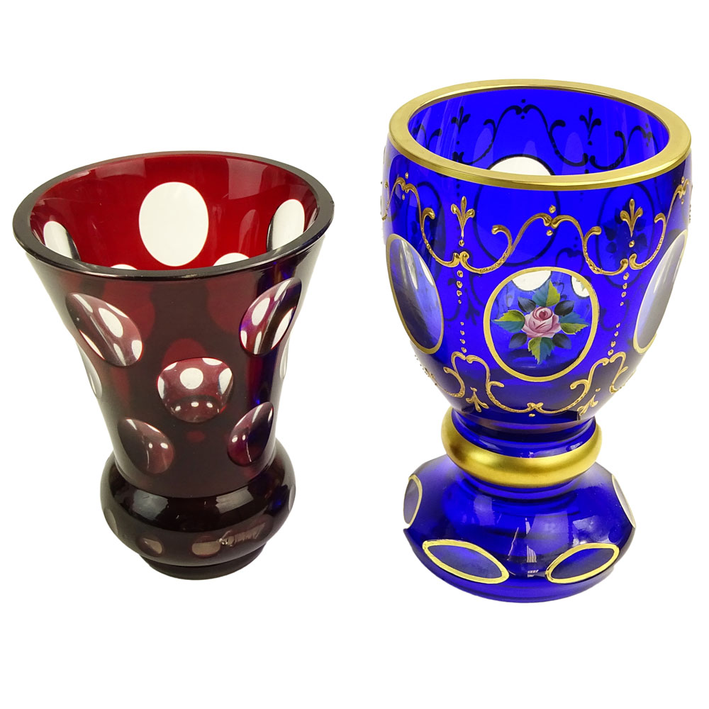 Lot of Two (2) Bohemian Glass Beakers. One with enameled decoration, one ruby glass cut to clear. 