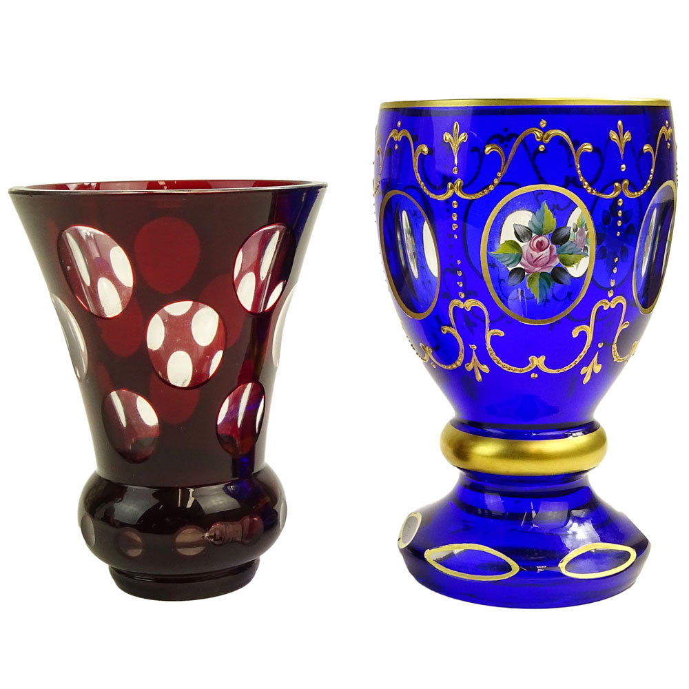 Lot of Two (2) Bohemian Glass Beakers. One with enameled decoration, one ruby glass cut to clear. 