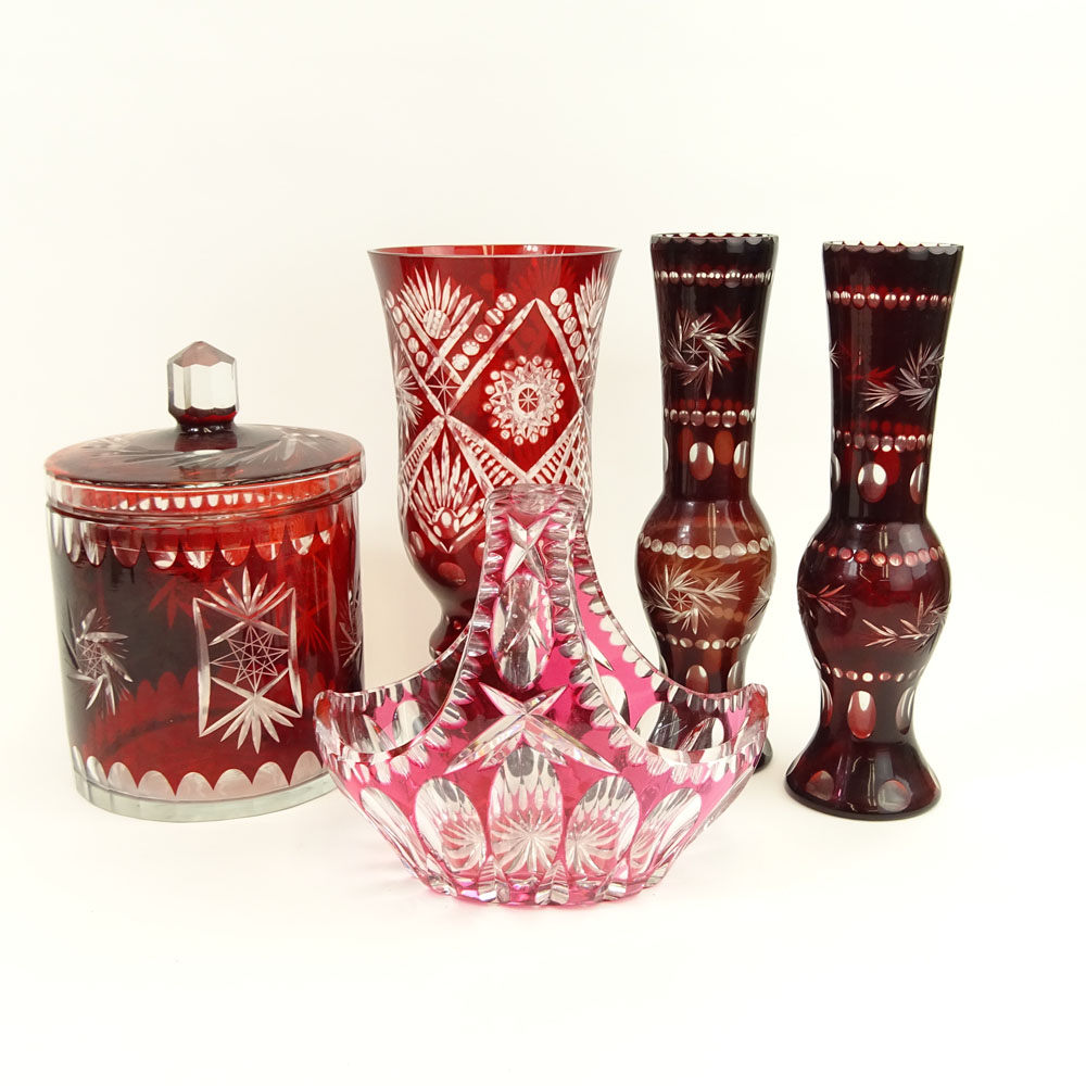 Collection of Five (5) Bohemian Ruby Glass Items. Lot includes pair of vases,  biscuit jar, basket, large vase. 