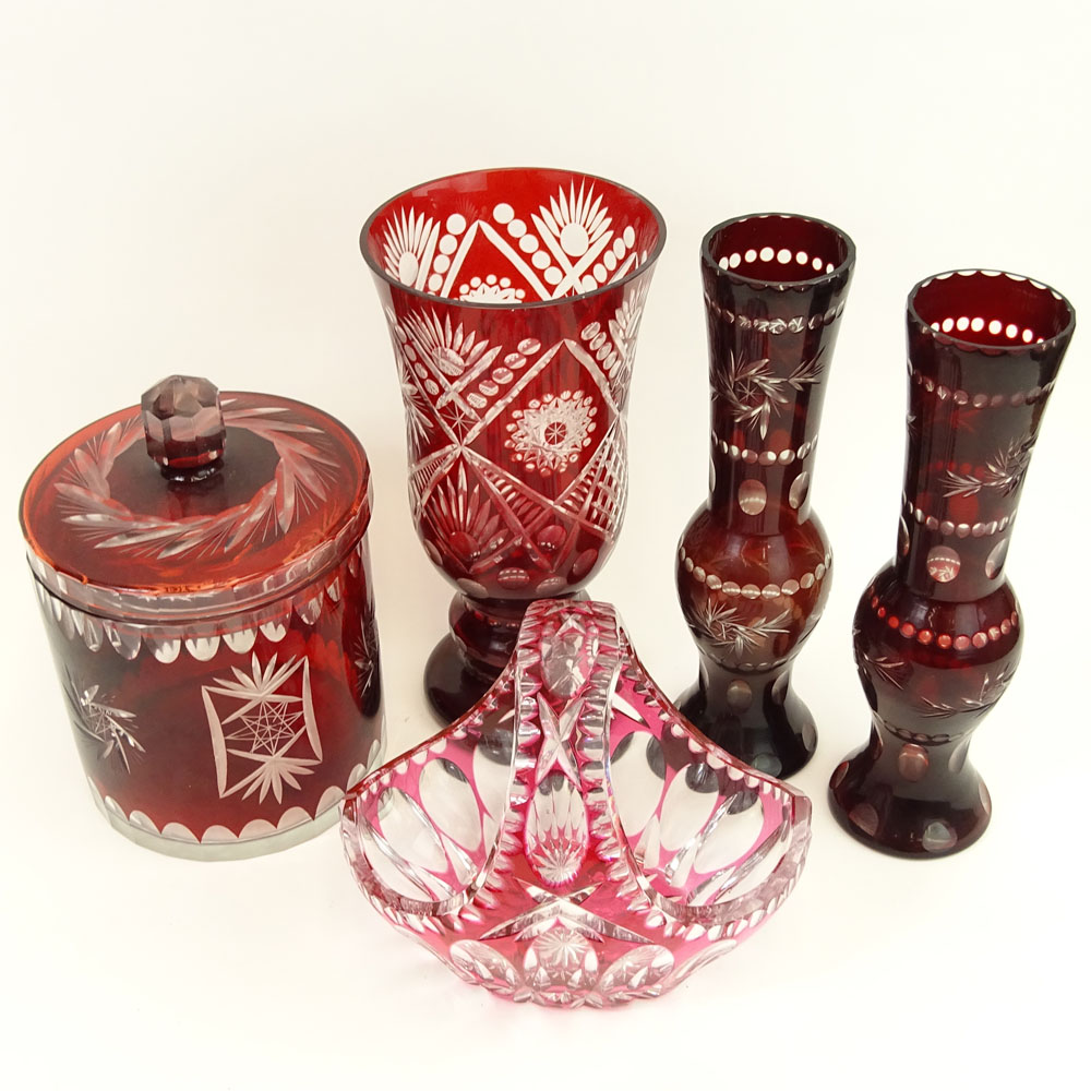 Collection of Five (5) Bohemian Ruby Glass Items. Lot includes pair of vases,  biscuit jar, basket, large vase. 