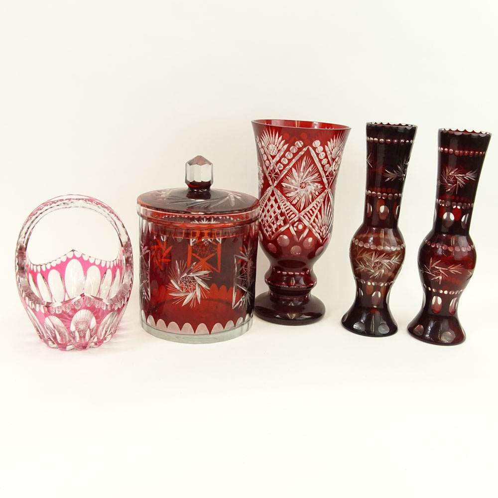 Collection of Five (5) Bohemian Ruby Glass Items. Lot includes pair of vases,  biscuit jar, basket, large vase. 