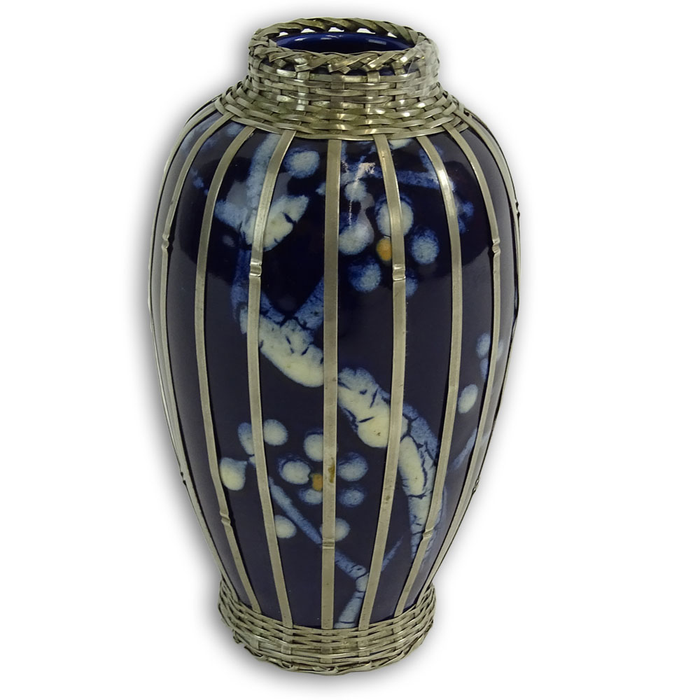 Vintage Japanese Glazed Pottery Vase With Basket weave Silver Overlay.