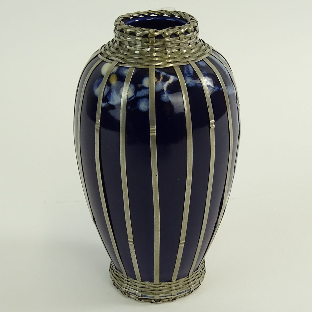 Vintage Japanese Glazed Pottery Vase With Basket weave Silver Overlay.