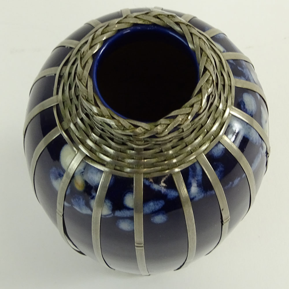 Vintage Japanese Glazed Pottery Vase With Basket weave Silver Overlay.