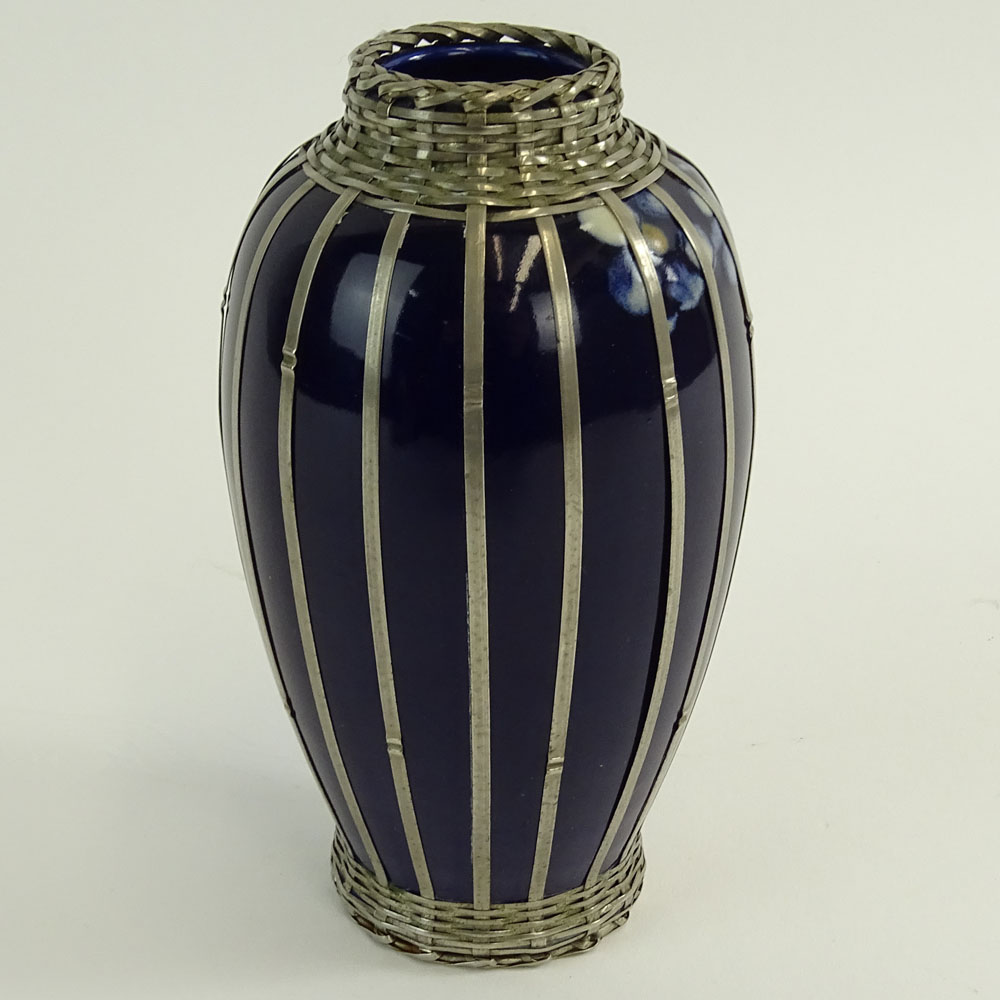 Vintage Japanese Glazed Pottery Vase With Basket weave Silver Overlay.