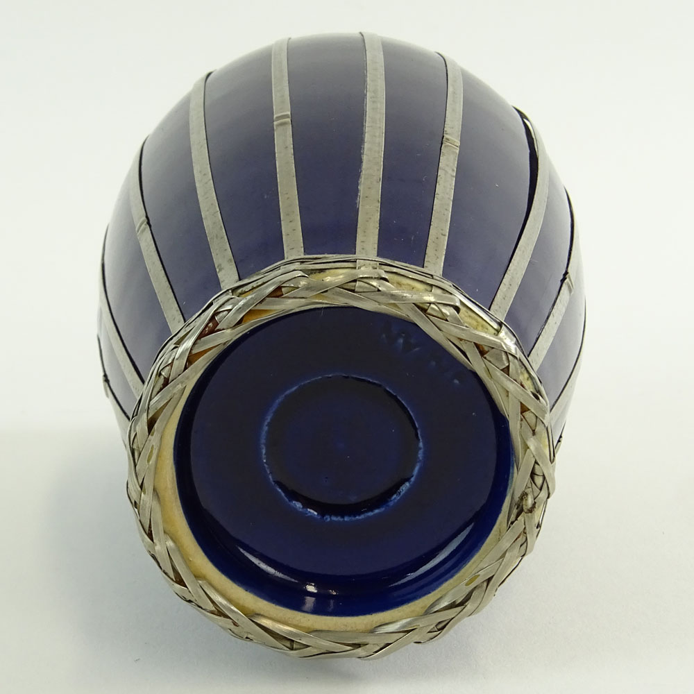 Vintage Japanese Glazed Pottery Vase With Basket weave Silver Overlay.