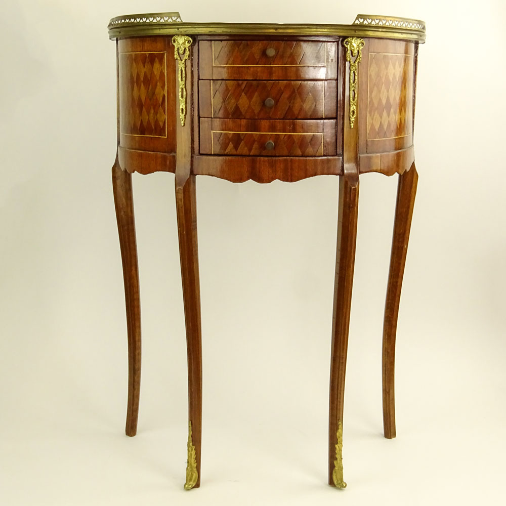 Vintage Transitional style Bronze Mounted Parquetry Inlay Demilune Occasional Table.