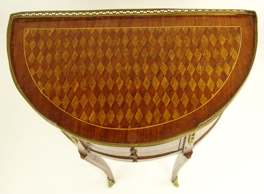 Vintage Transitional style Bronze Mounted Parquetry Inlay Demilune Occasional Table.