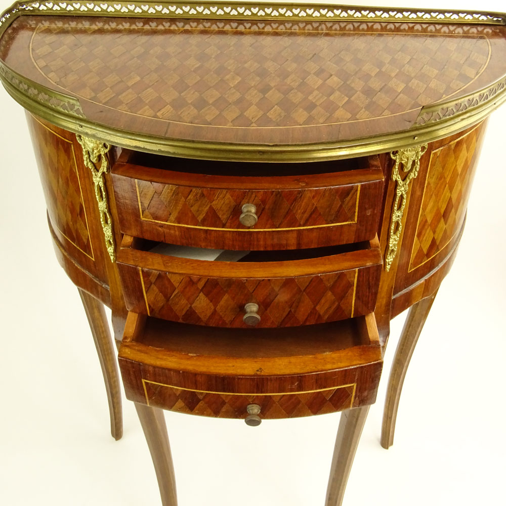 Vintage Transitional style Bronze Mounted Parquetry Inlay Demilune Occasional Table.