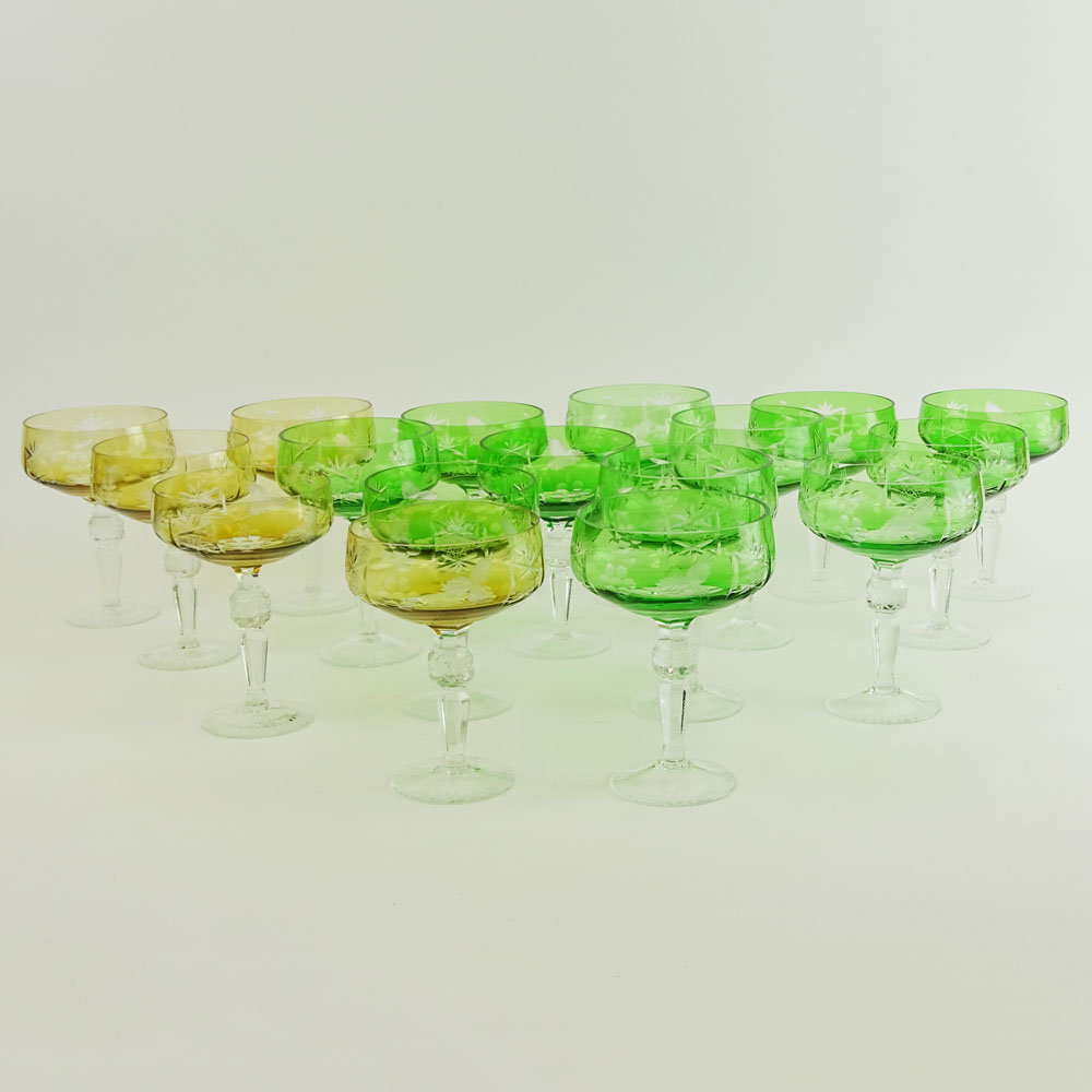 Lot of 17 Bohemian Cut Glass Champagne Coupes in Green (12) and Amber (5).