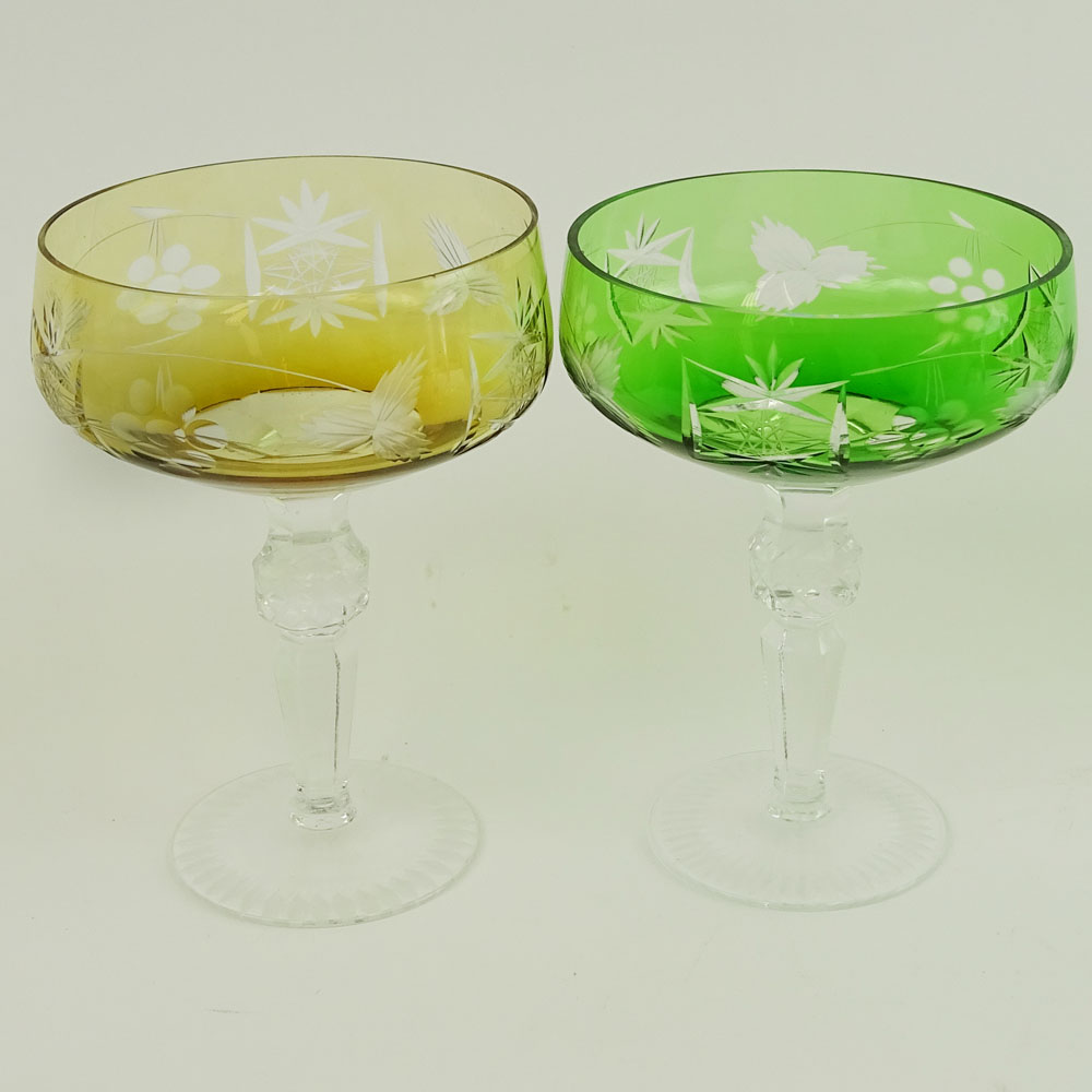 Lot of 17 Bohemian Cut Glass Champagne Coupes in Green (12) and Amber (5).