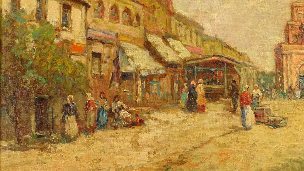 Dennis Ainsley, American (1880-1952) Oil on canvas "Village Square" 