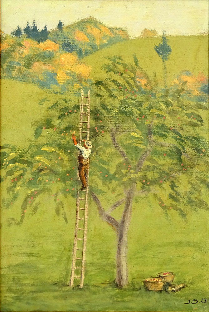 Jakob Siegenthaler, German (1895-1969) Oil on panel "Apple Picker" 