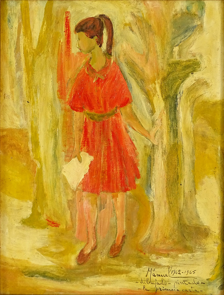 Manuel Bordogna, Venezuelan (20th C) Oil on board "Girl in Woods" 