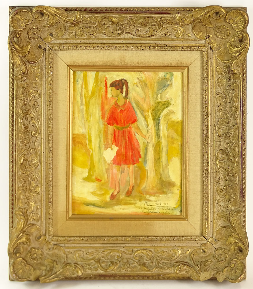 Manuel Bordogna, Venezuelan (20th C) Oil on board "Girl in Woods" 