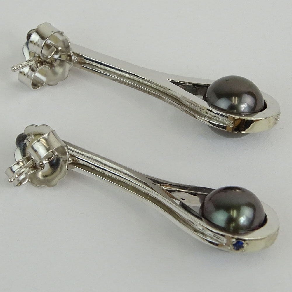 Pair of Lady's Silver Black Tahitian Pearl and 14 Karat White Gold Earrings