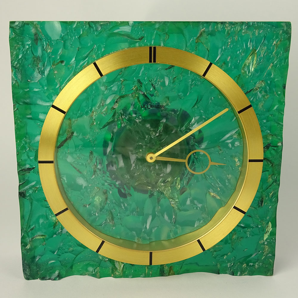 Vintage LeCoultre Green Lucite and Gilt Brass Clock. Interesting "chipped ice" effect. 