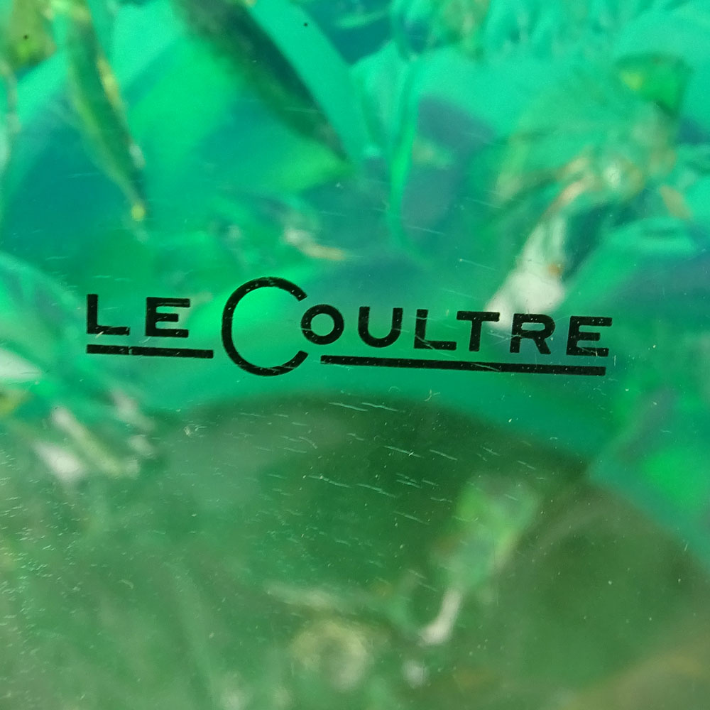 Vintage LeCoultre Green Lucite and Gilt Brass Clock. Interesting "chipped ice" effect. 