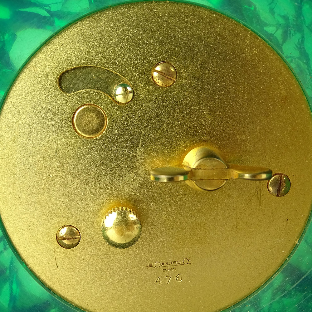 Vintage LeCoultre Green Lucite and Gilt Brass Clock. Interesting "chipped ice" effect. 