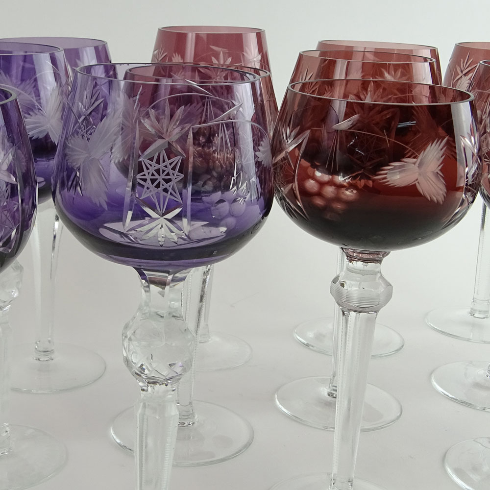 Lot of 8 Bohemian Cut Glass Wine Hocks in Cranberry.