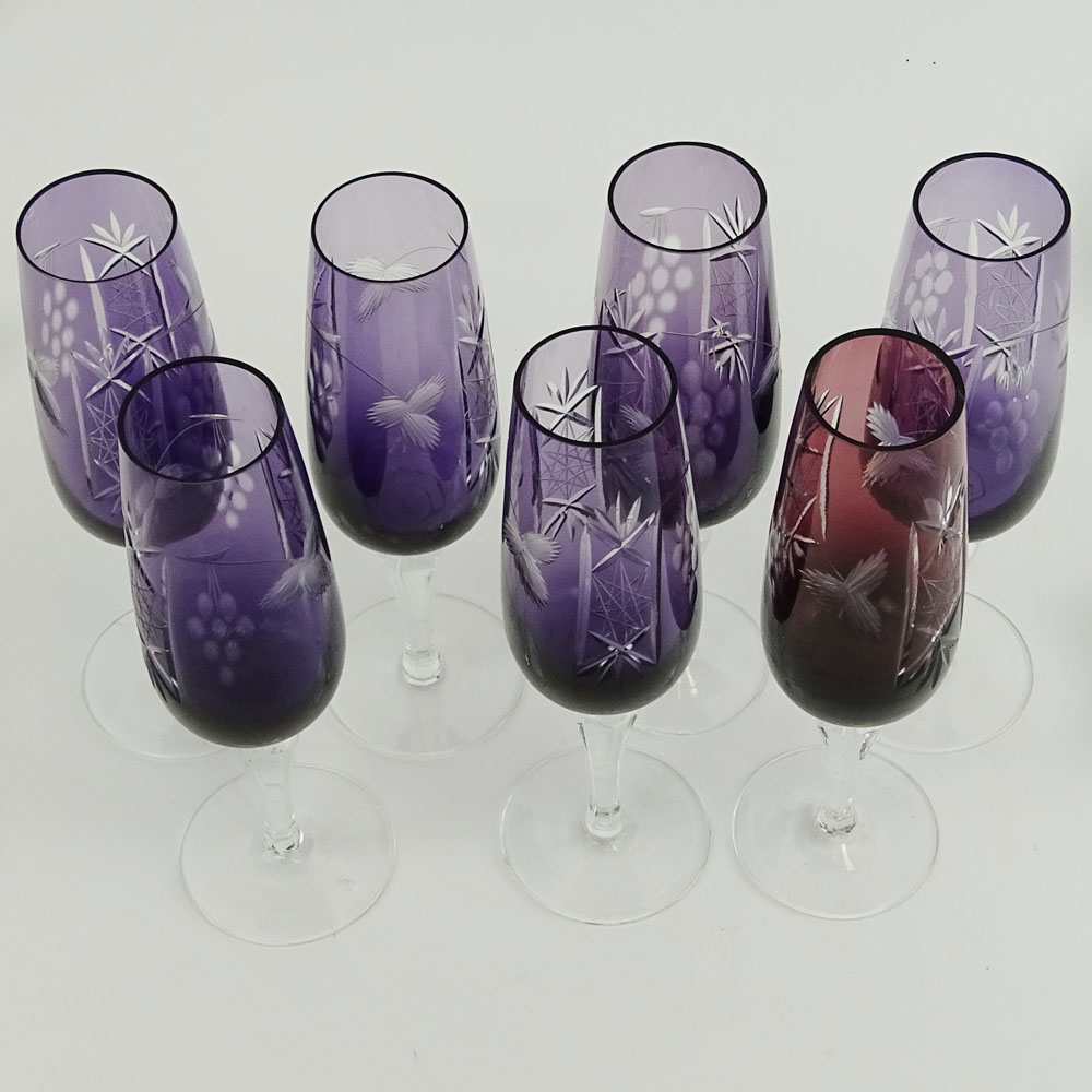 Lot of 7 Bohemian Cut Glass Wine Hocks in Amethyst.