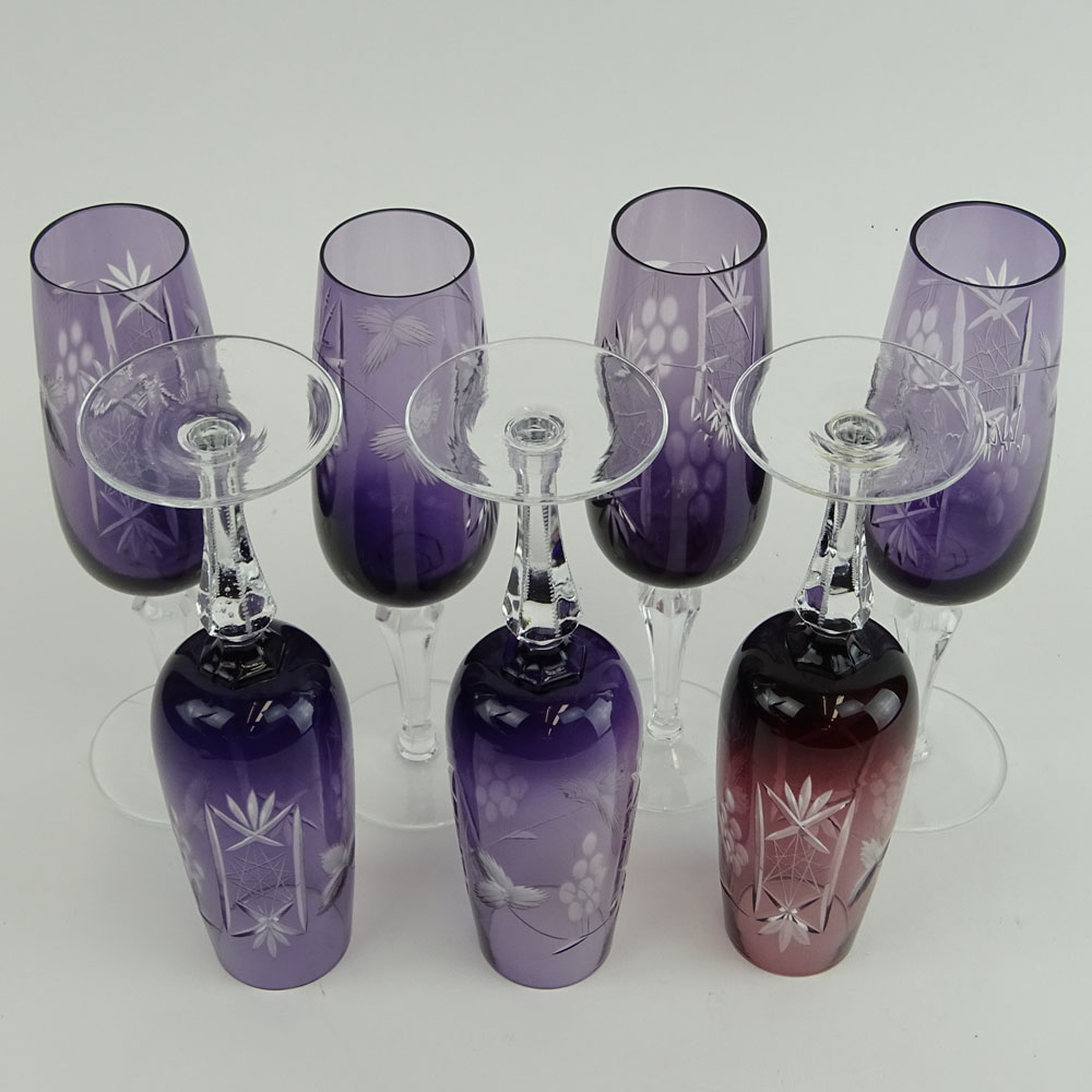 Lot of 7 Bohemian Cut Glass Wine Hocks in Amethyst.