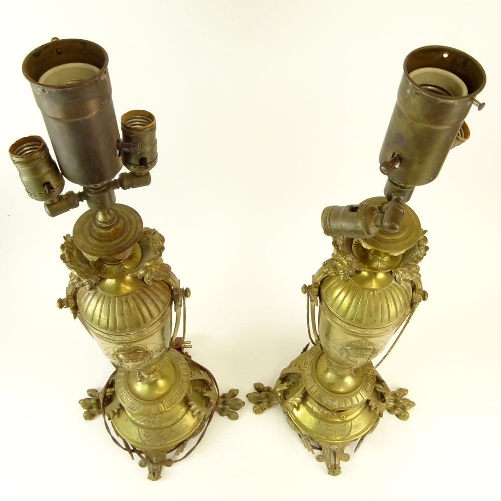 Pair of Antique Victorian French Figural Brass Lamps.