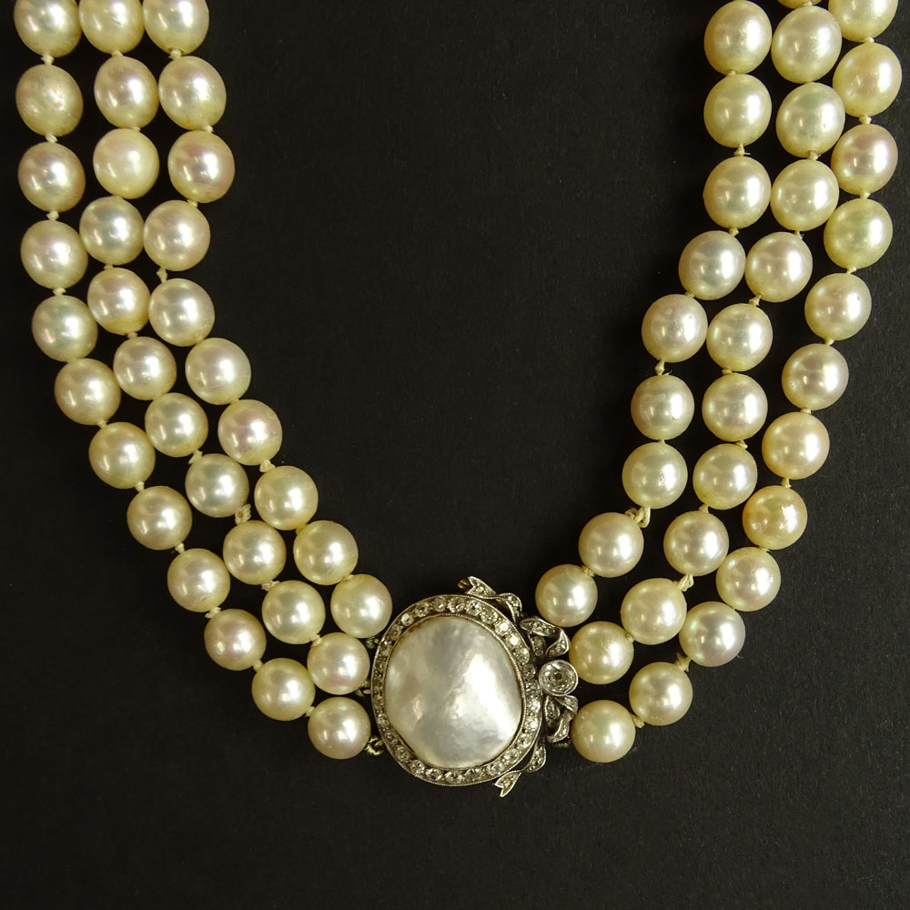 Circa 1964 Bulgari Three GIA Certified Strand White Salt Water Pearl Necklace.