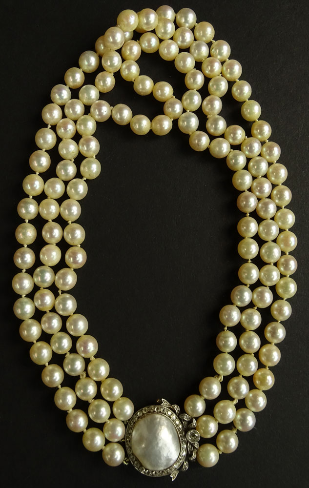 Circa 1964 Bulgari Three GIA Certified Strand White Salt Water Pearl Necklace.